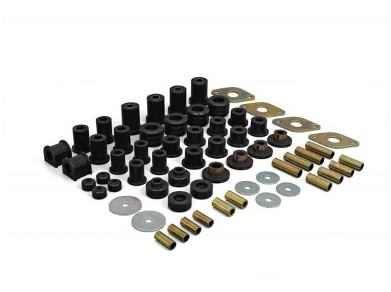Jeep CJ Super Kit Includes (Rear Leaf Spring and Shackle Bushings, Front Sway Bar Bushings - 15/16 Inch, Front Leaf Spring and Shackle Bushings, Transmission Mount, Body Mount Kit, Torque Arm Bushings and Tie Rod End Dust Boots - Pair)